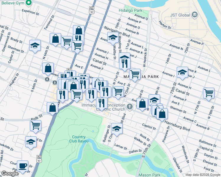 map of restaurants, bars, coffee shops, grocery stores, and more near 7110 Avenue C in Houston