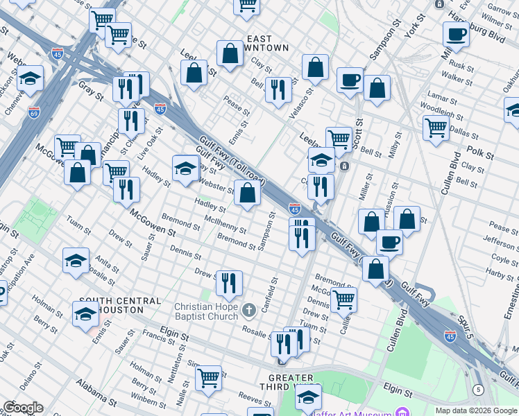 map of restaurants, bars, coffee shops, grocery stores, and more near 3232 Hadley Street in Houston