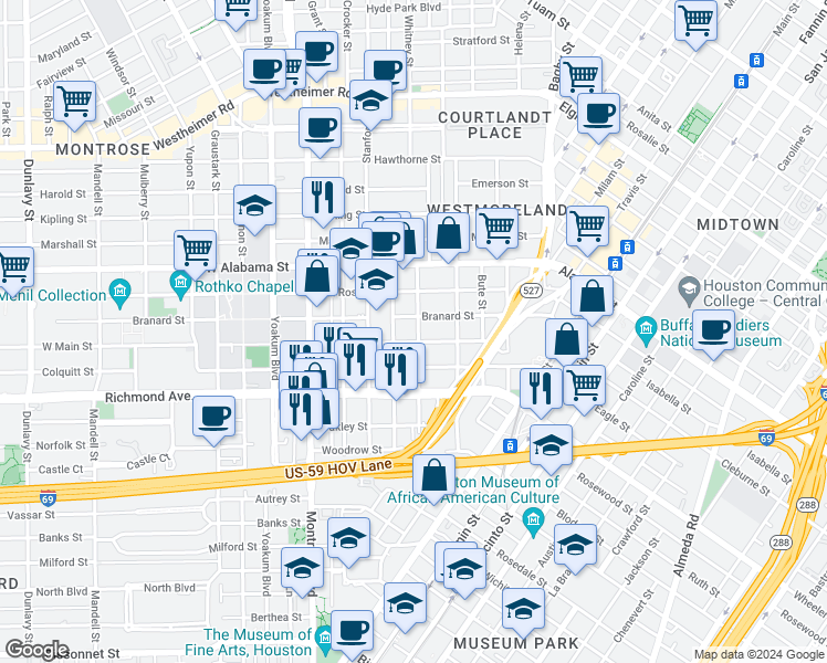 map of restaurants, bars, coffee shops, grocery stores, and more near 515 West Main Street in Houston