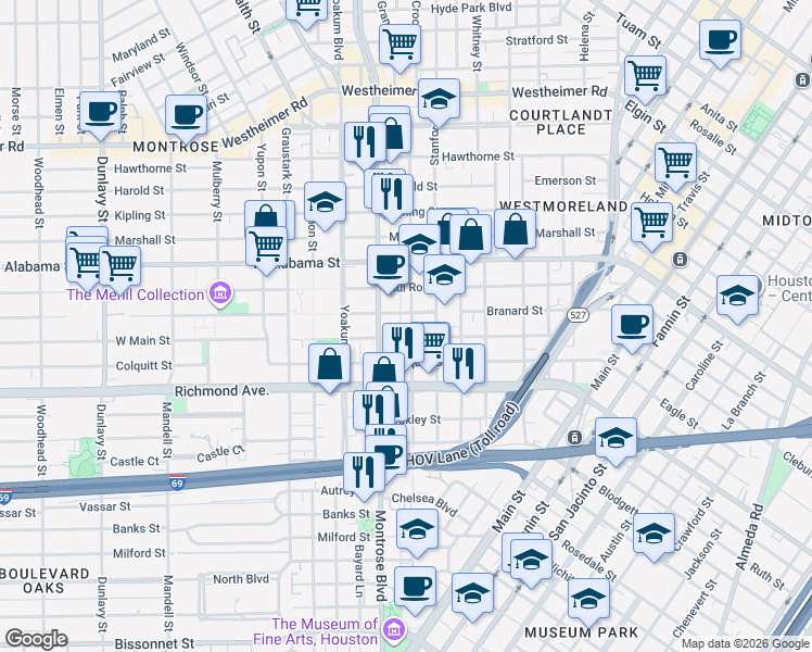 map of restaurants, bars, coffee shops, grocery stores, and more near 815 West Main Street in Houston