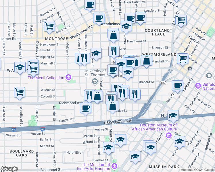map of restaurants, bars, coffee shops, grocery stores, and more near 4101 Montrose Boulevard in Houston