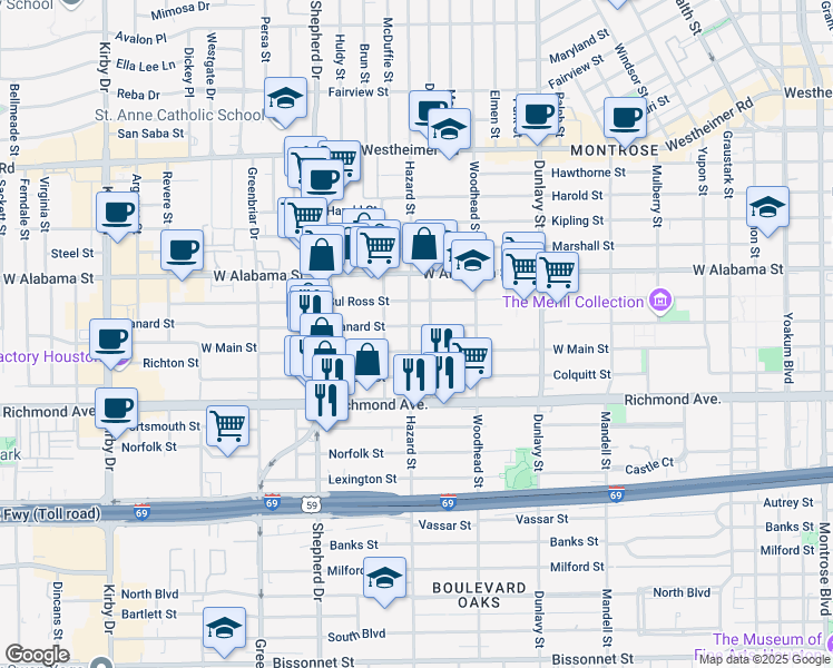 map of restaurants, bars, coffee shops, grocery stores, and more near 1912 West Main Street in Houston