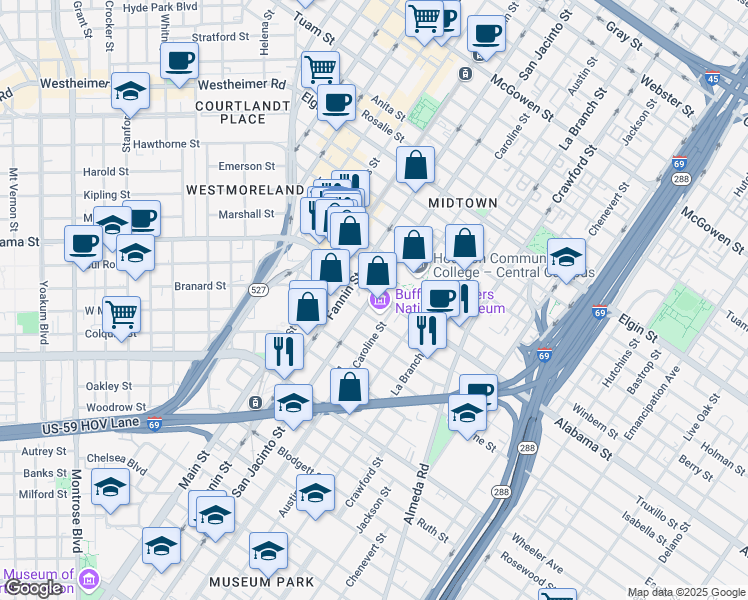 map of restaurants, bars, coffee shops, grocery stores, and more near 3998 San Jacinto Street in Houston