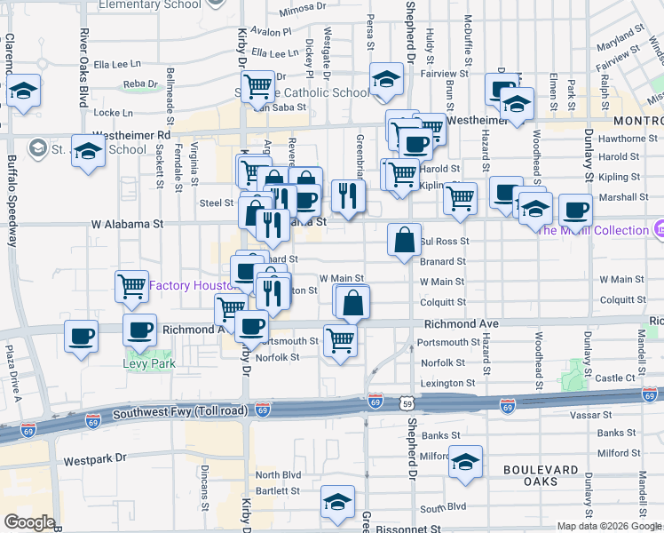 map of restaurants, bars, coffee shops, grocery stores, and more near 2249 West Main Street in Houston