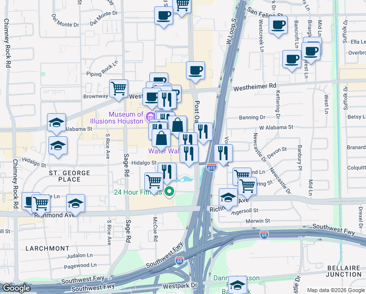 map of restaurants, bars, coffee shops, grocery stores, and more near Waterwall Drive in Houston