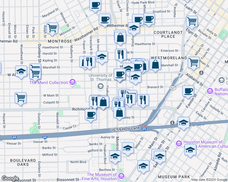 map of restaurants, bars, coffee shops, grocery stores, and more near 4004 Montrose Boulevard in Houston