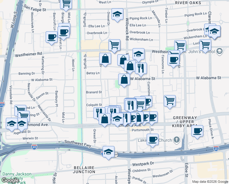 map of restaurants, bars, coffee shops, grocery stores, and more near 3255 Las Palmas Street in Houston
