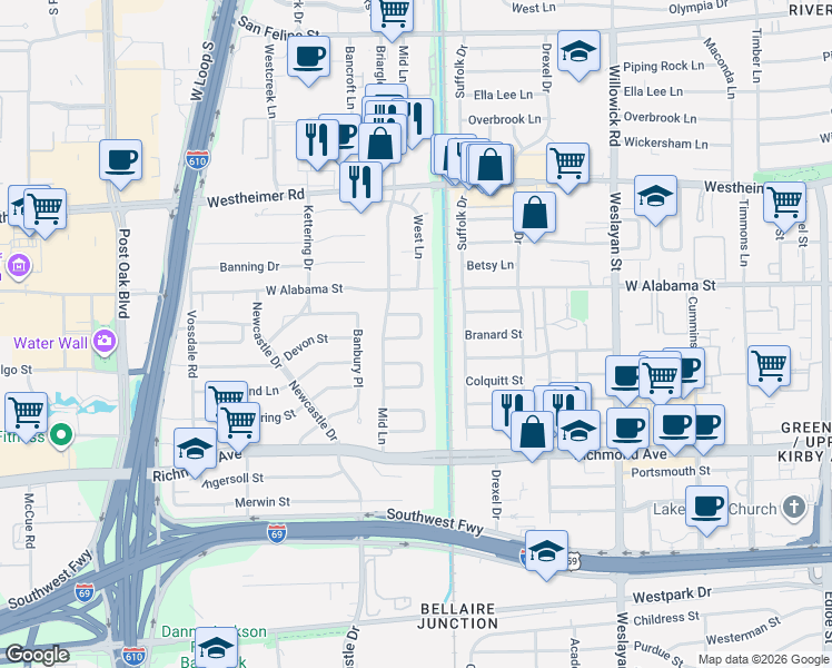 map of restaurants, bars, coffee shops, grocery stores, and more near 10 Hackberry Lane in Houston