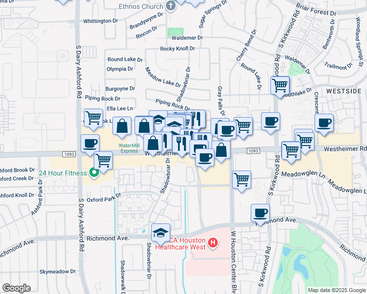 map of restaurants, bars, coffee shops, grocery stores, and more near 12225 Westheimer Road in Houston