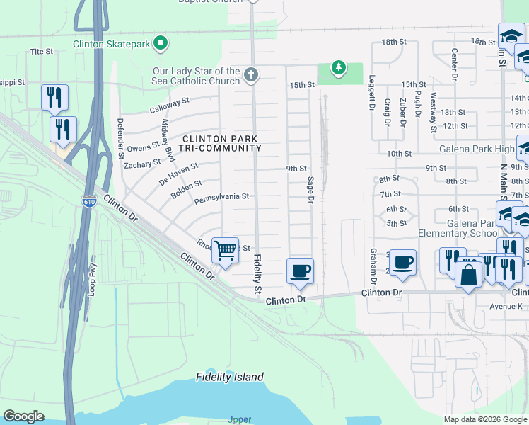 map of restaurants, bars, coffee shops, grocery stores, and more near 420 Gans Street in Houston