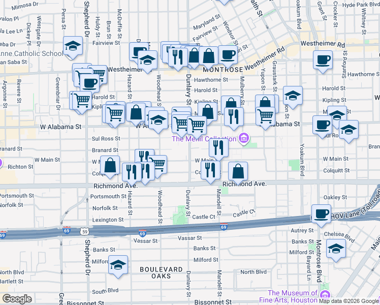 map of restaurants, bars, coffee shops, grocery stores, and more near 4017 Dunlavy Street in Houston