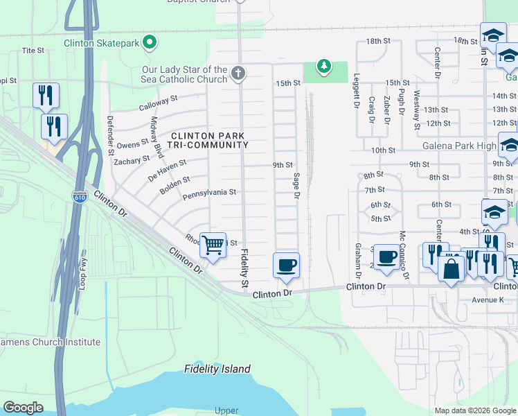 map of restaurants, bars, coffee shops, grocery stores, and more near 420 Gans Street in Houston