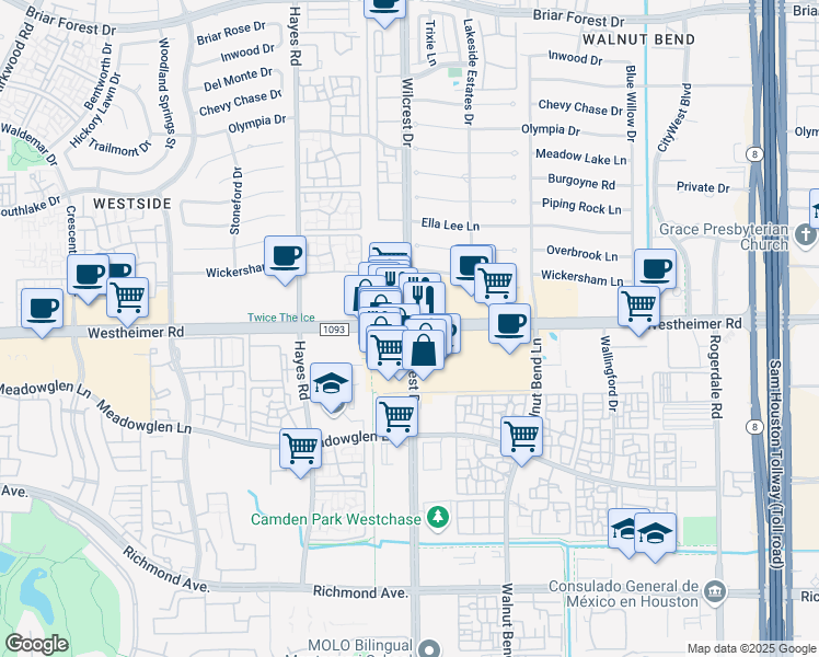 map of restaurants, bars, coffee shops, grocery stores, and more near Westheimer Rd & Wilcrest Dr in Houston