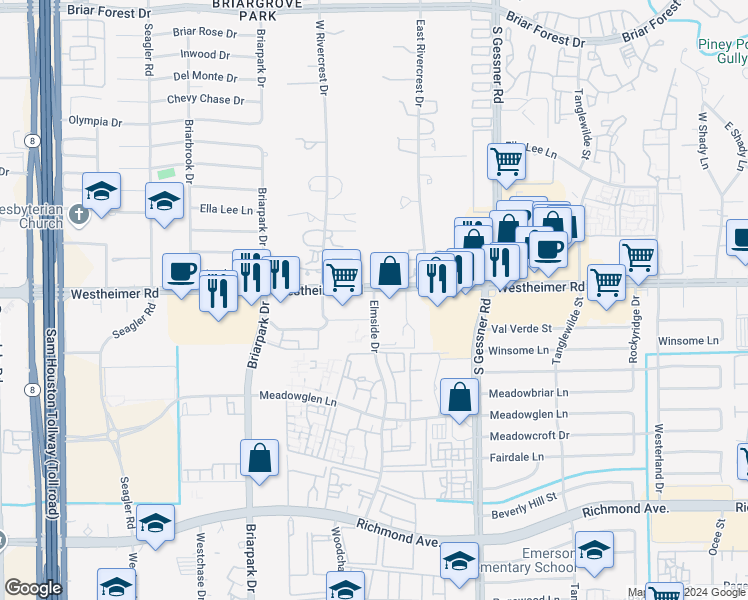 map of restaurants, bars, coffee shops, grocery stores, and more near 2731 Elmside Drive in Houston