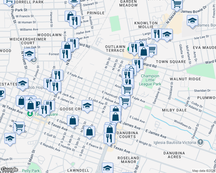 map of restaurants, bars, coffee shops, grocery stores, and more near 514 East Hunnicutt Street in Baytown