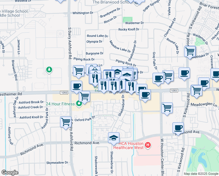 map of restaurants, bars, coffee shops, grocery stores, and more near 12350 Westheimer Road in Houston