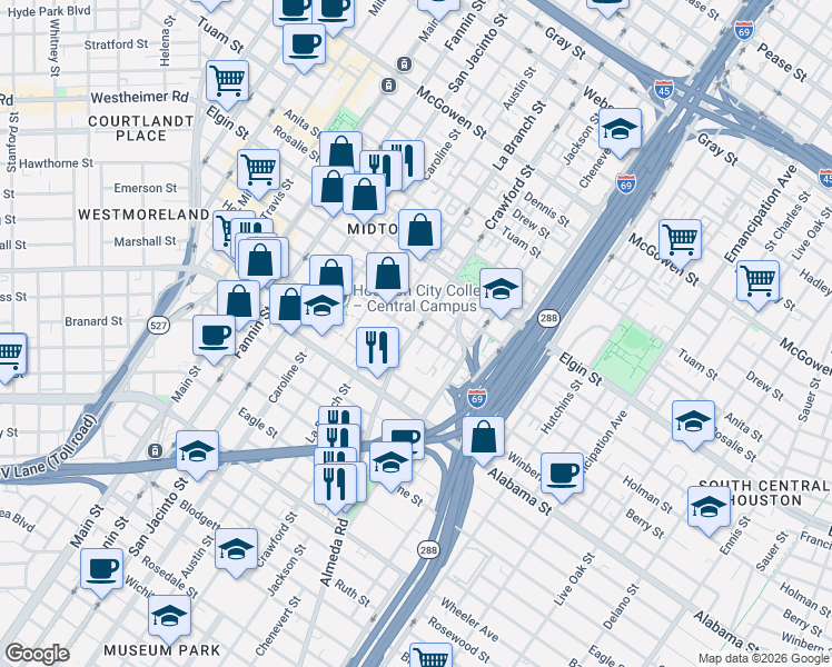 map of restaurants, bars, coffee shops, grocery stores, and more near Crawford Street & Holman Street in Houston