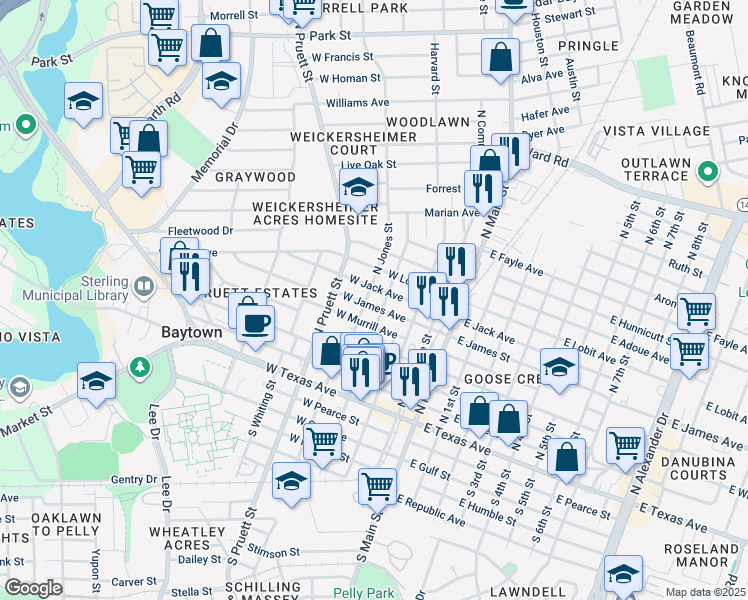 map of restaurants, bars, coffee shops, grocery stores, and more near 407 North Gaillard Street in Baytown