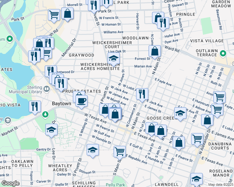 map of restaurants, bars, coffee shops, grocery stores, and more near 407 North Gaillard Street in Baytown