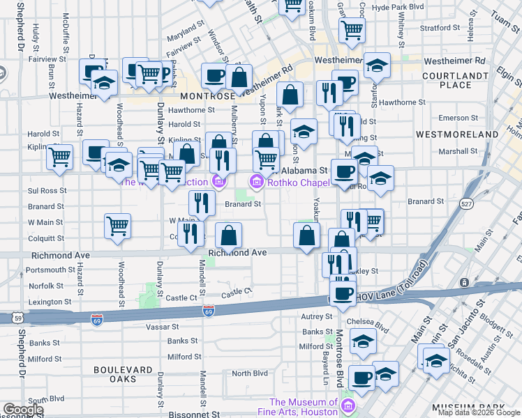 map of restaurants, bars, coffee shops, grocery stores, and more near 4103 Yupon Street in Houston