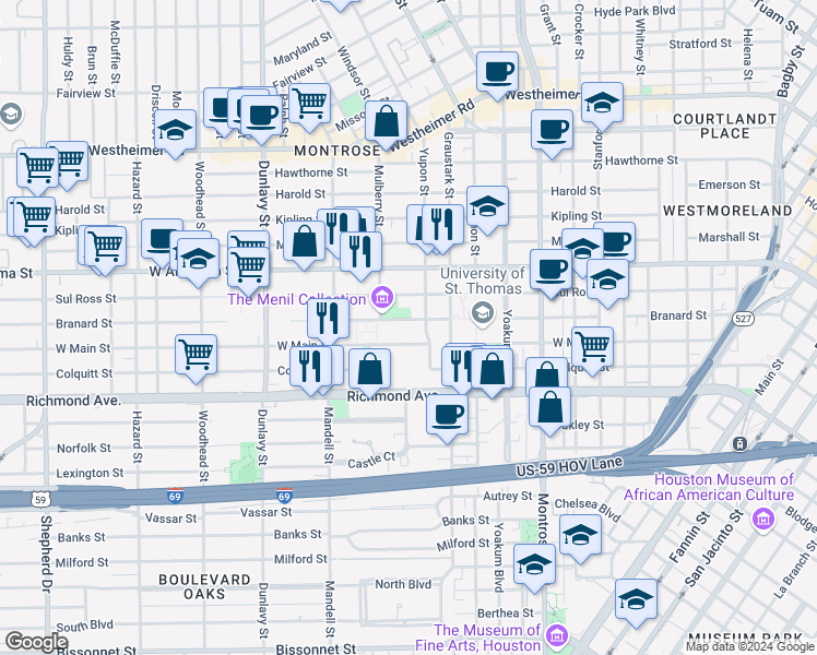 map of restaurants, bars, coffee shops, grocery stores, and more near 1412 West Main Street in Houston