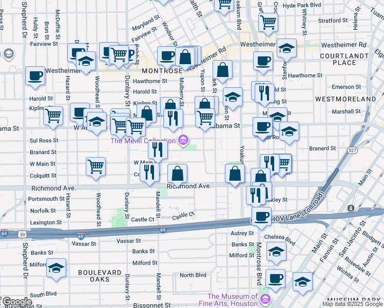 map of restaurants, bars, coffee shops, grocery stores, and more near 1412 West Main Street in Houston