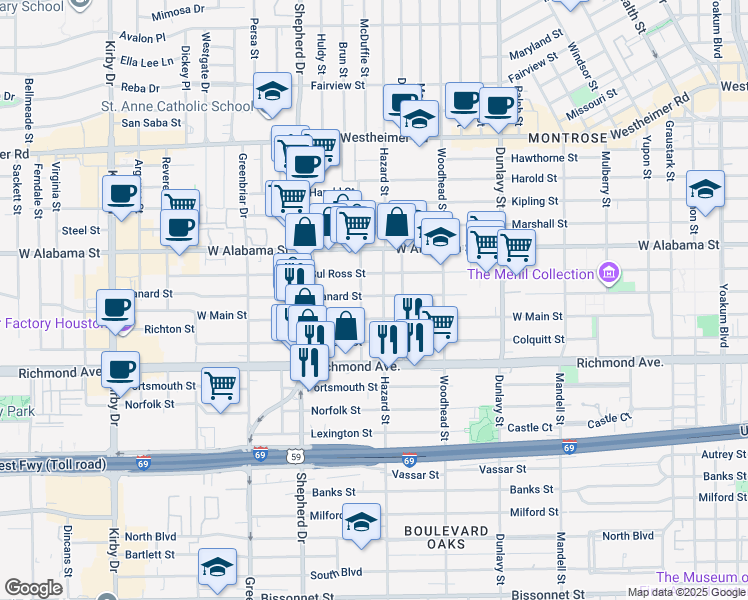 map of restaurants, bars, coffee shops, grocery stores, and more near 1912 West Main Street in Houston