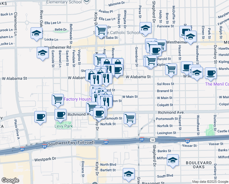 map of restaurants, bars, coffee shops, grocery stores, and more near 2401 West Main Street in Houston