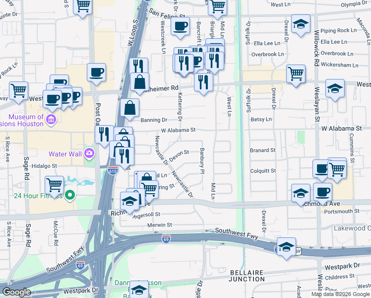map of restaurants, bars, coffee shops, grocery stores, and more near 4518 Shetland Lane in Houston