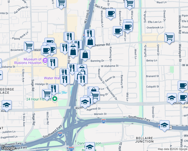 map of restaurants, bars, coffee shops, grocery stores, and more near 4733 Aftonshire Drive in Houston