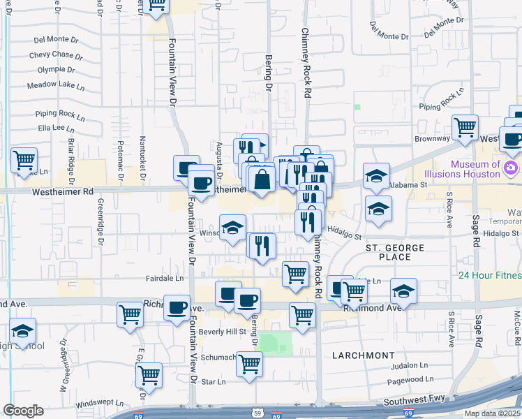 map of restaurants, bars, coffee shops, grocery stores, and more near 5713 Val Verde Street in Houston