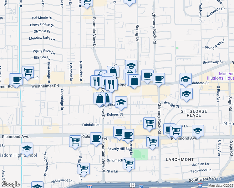 map of restaurants, bars, coffee shops, grocery stores, and more near 5902 Winsome Lane in Houston