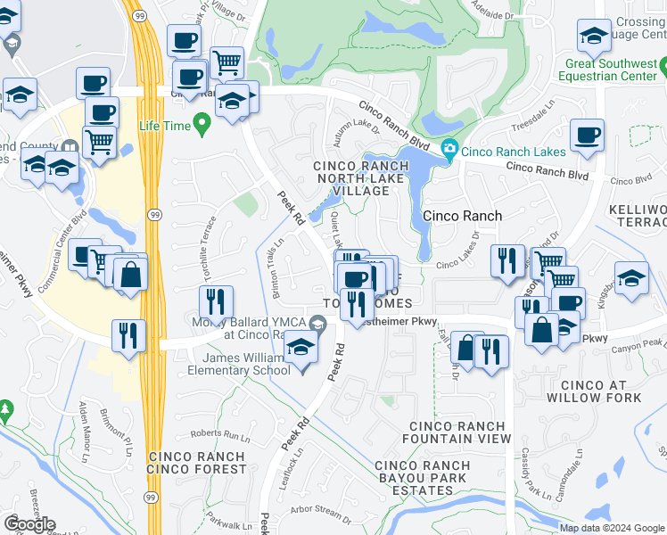 map of restaurants, bars, coffee shops, grocery stores, and more near 3626 Brinton Trails Lane in Katy