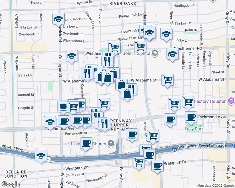 map of restaurants, bars, coffee shops, grocery stores, and more near 3222 Alabama Court in Houston