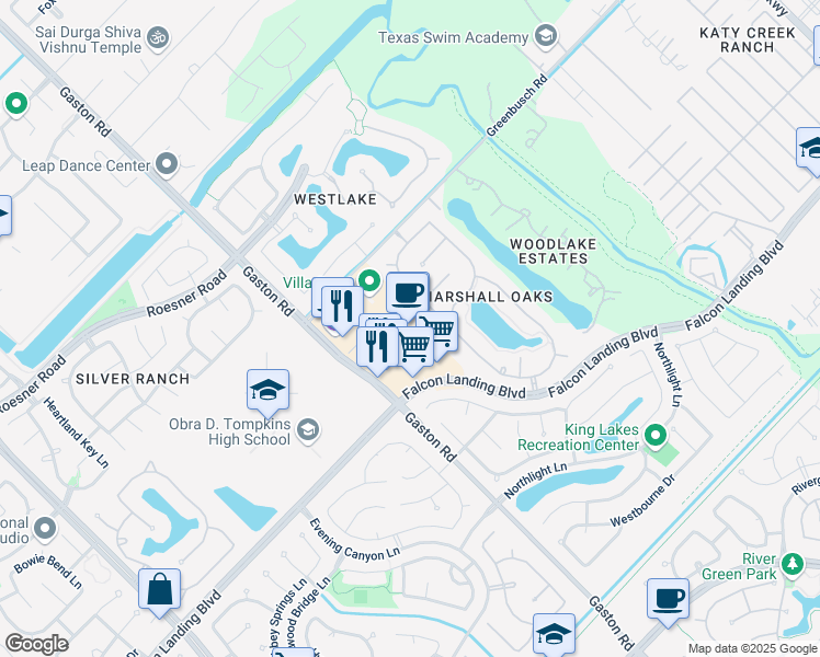 map of restaurants, bars, coffee shops, grocery stores, and more near 9806 Gaston Road in Katy
