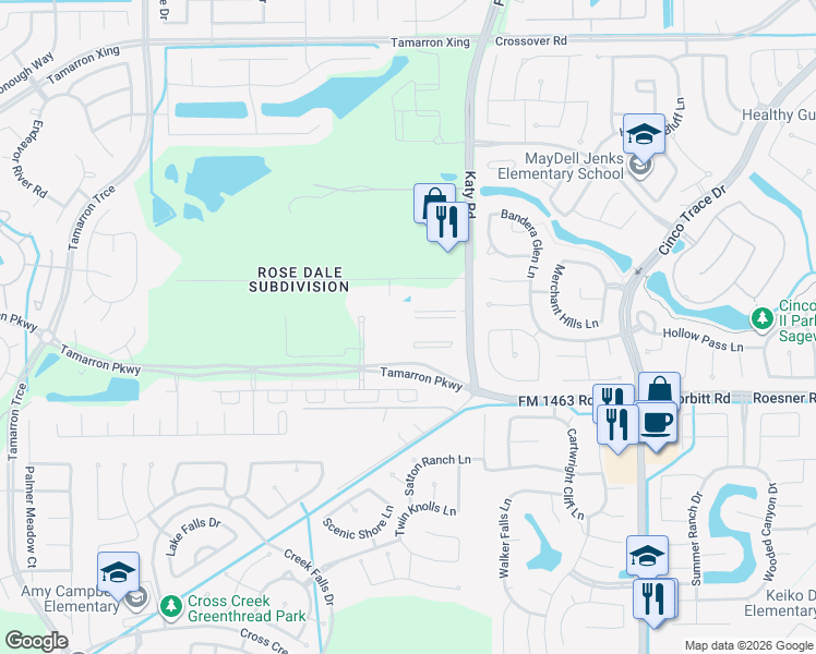 map of restaurants, bars, coffee shops, grocery stores, and more near 28100 Tamarron Parkway in Katy