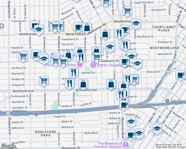 map of restaurants, bars, coffee shops, grocery stores, and more near 4103 Yupon Street in Houston