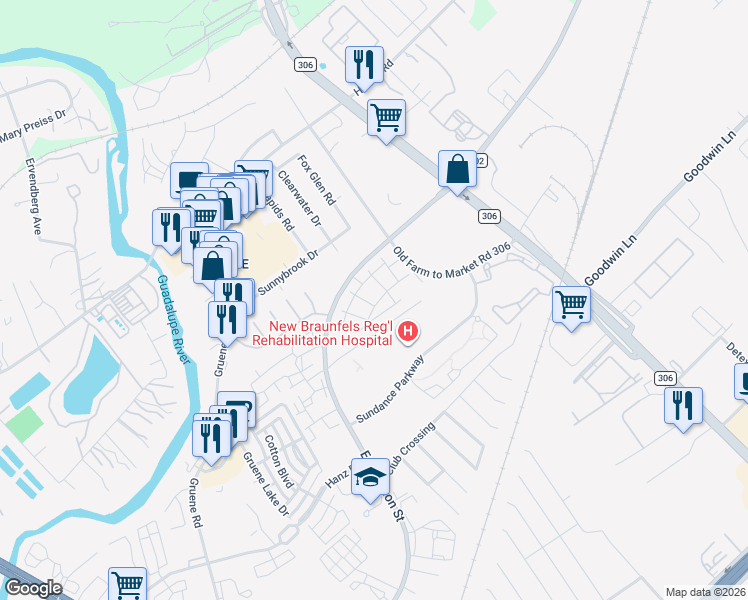 map of restaurants, bars, coffee shops, grocery stores, and more near 2513 Block St in New Braunfels