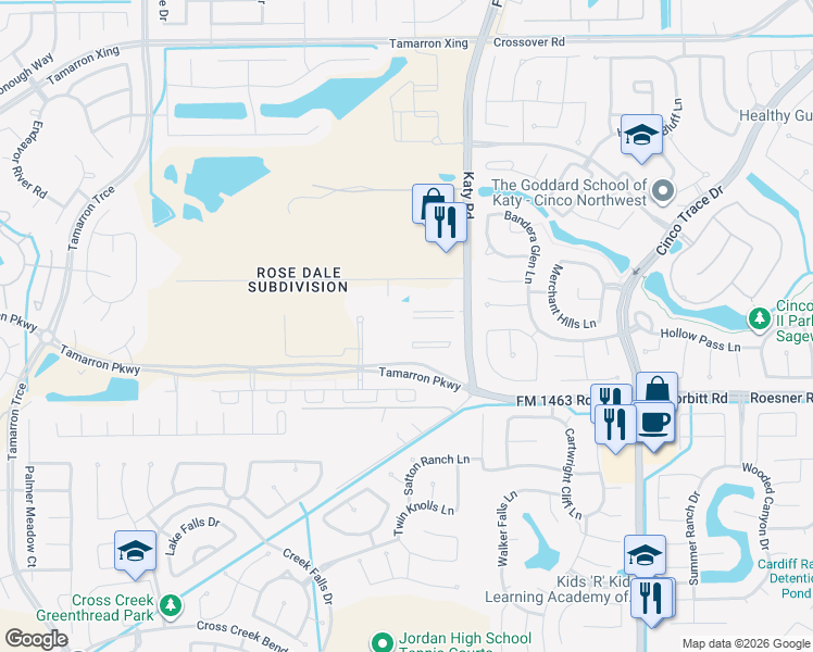 map of restaurants, bars, coffee shops, grocery stores, and more near Tamarron Parkway in Katy