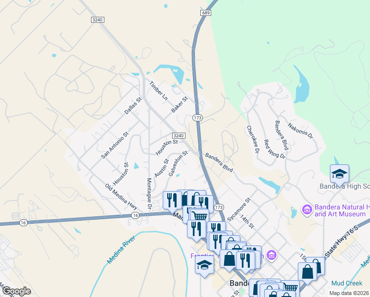 map of restaurants, bars, coffee shops, grocery stores, and more near 204 Galveston Street in Bandera