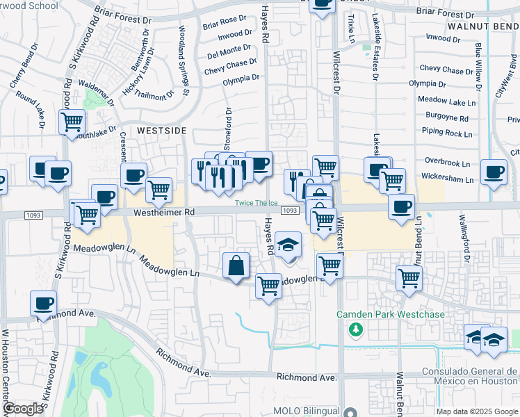 map of restaurants, bars, coffee shops, grocery stores, and more near 11599 Westheimer Road in Houston