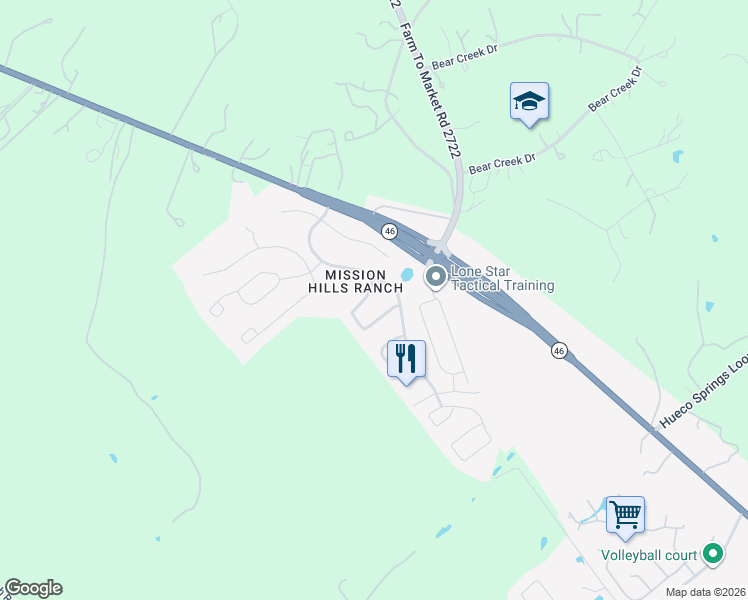 map of restaurants, bars, coffee shops, grocery stores, and more near 3290 Espada in New Braunfels
