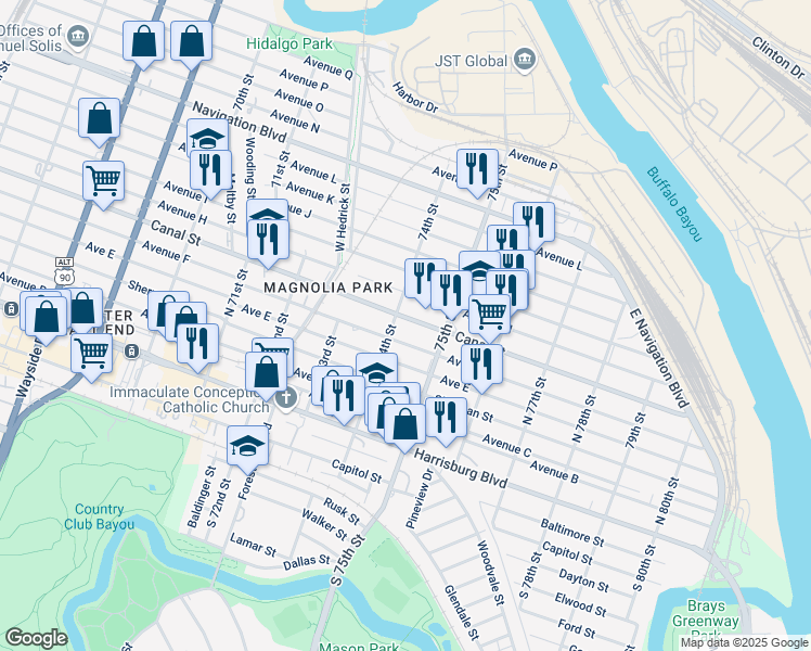 map of restaurants, bars, coffee shops, grocery stores, and more near in Houston