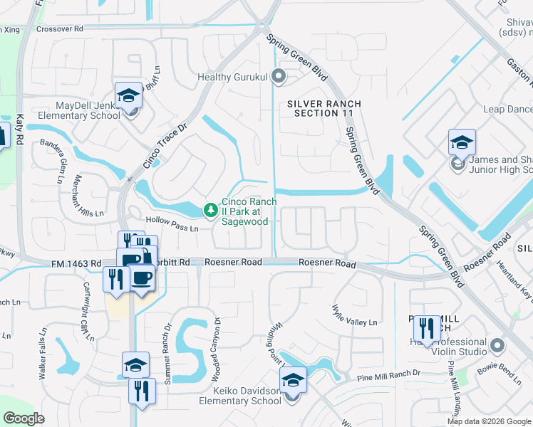 map of restaurants, bars, coffee shops, grocery stores, and more near 3203 Mystic Shadow Lane in Katy