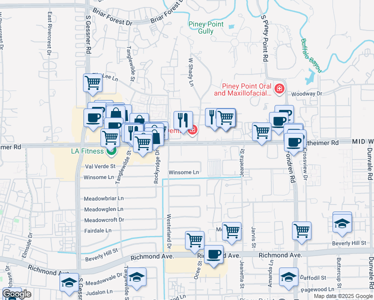 map of restaurants, bars, coffee shops, grocery stores, and more near 9450 Westheimer Road in Houston