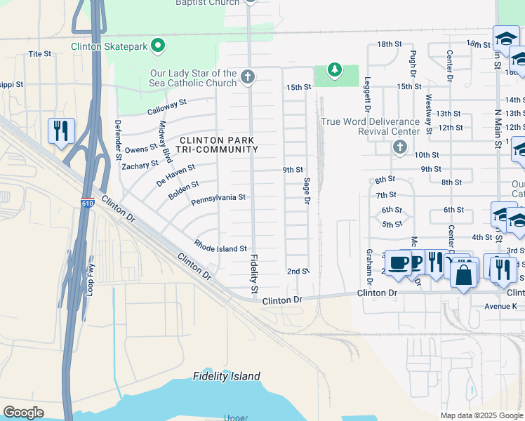 map of restaurants, bars, coffee shops, grocery stores, and more near 416 Pennsylvania Street in Houston