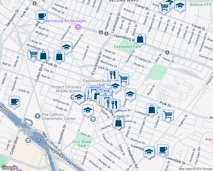 map of restaurants, bars, coffee shops, grocery stores, and more near 4705 Polk Street in Houston