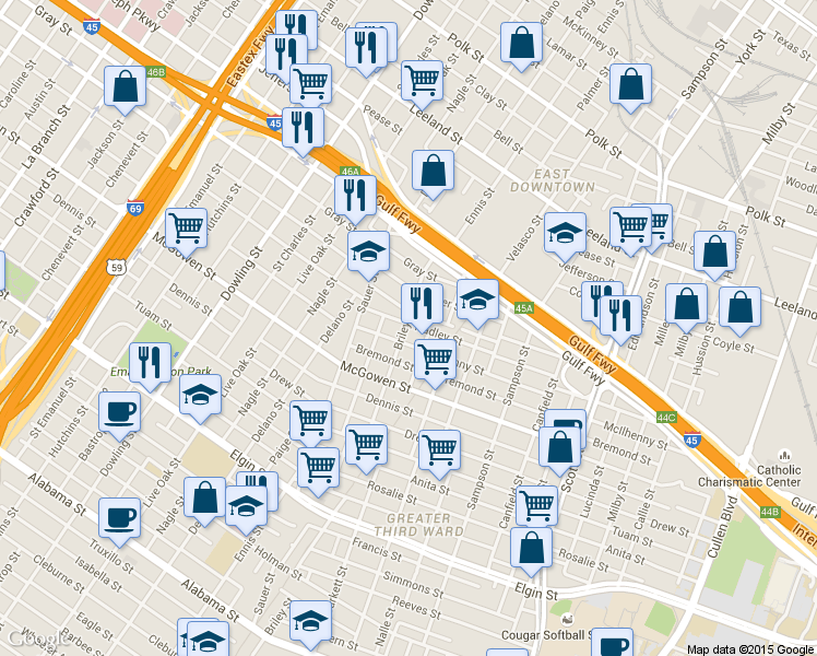 map of restaurants, bars, coffee shops, grocery stores, and more near 3035 Trulley Street in Houston