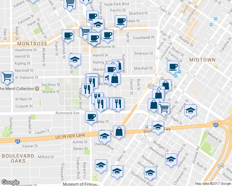 map of restaurants, bars, coffee shops, grocery stores, and more near 619 Sul Ross Street in Houston