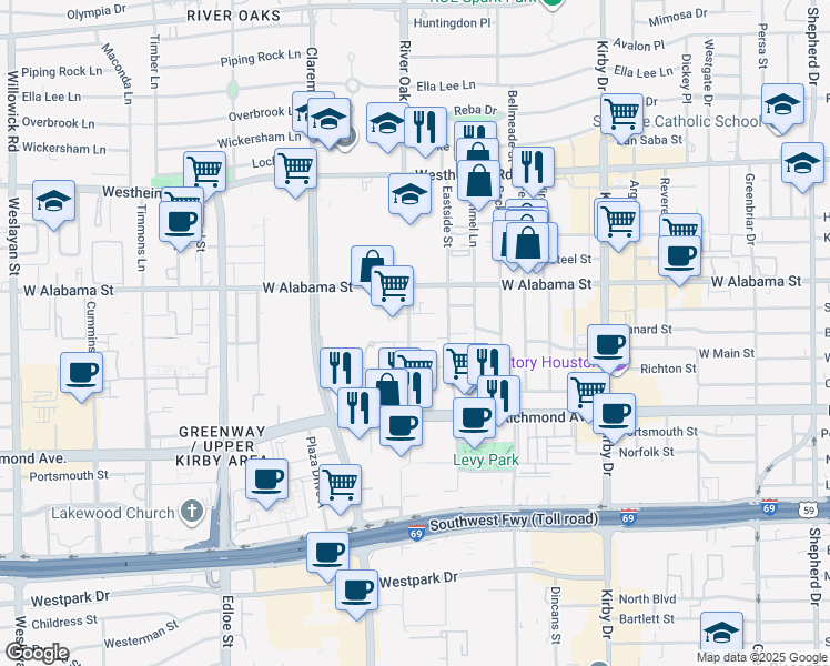 map of restaurants, bars, coffee shops, grocery stores, and more near 3131 Eastside Street in Houston